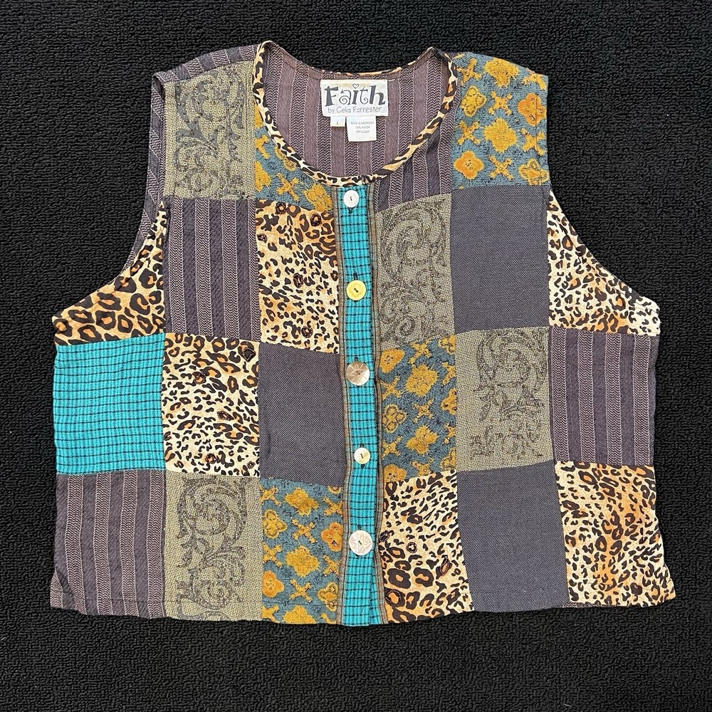 Faith Celia Forrester Vest L Patchwork Mixed Print Boho Artsy Unique Whimsy - Picture 1 of 8